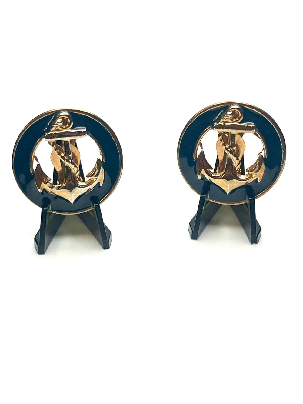 Vintage Gold Tone Anchor Nautical Enamel Clip On Earrings